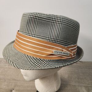 Peter Grimm Mens Fedora Hat Grey Black Plaid Size S/M Orange Hat Band Logo